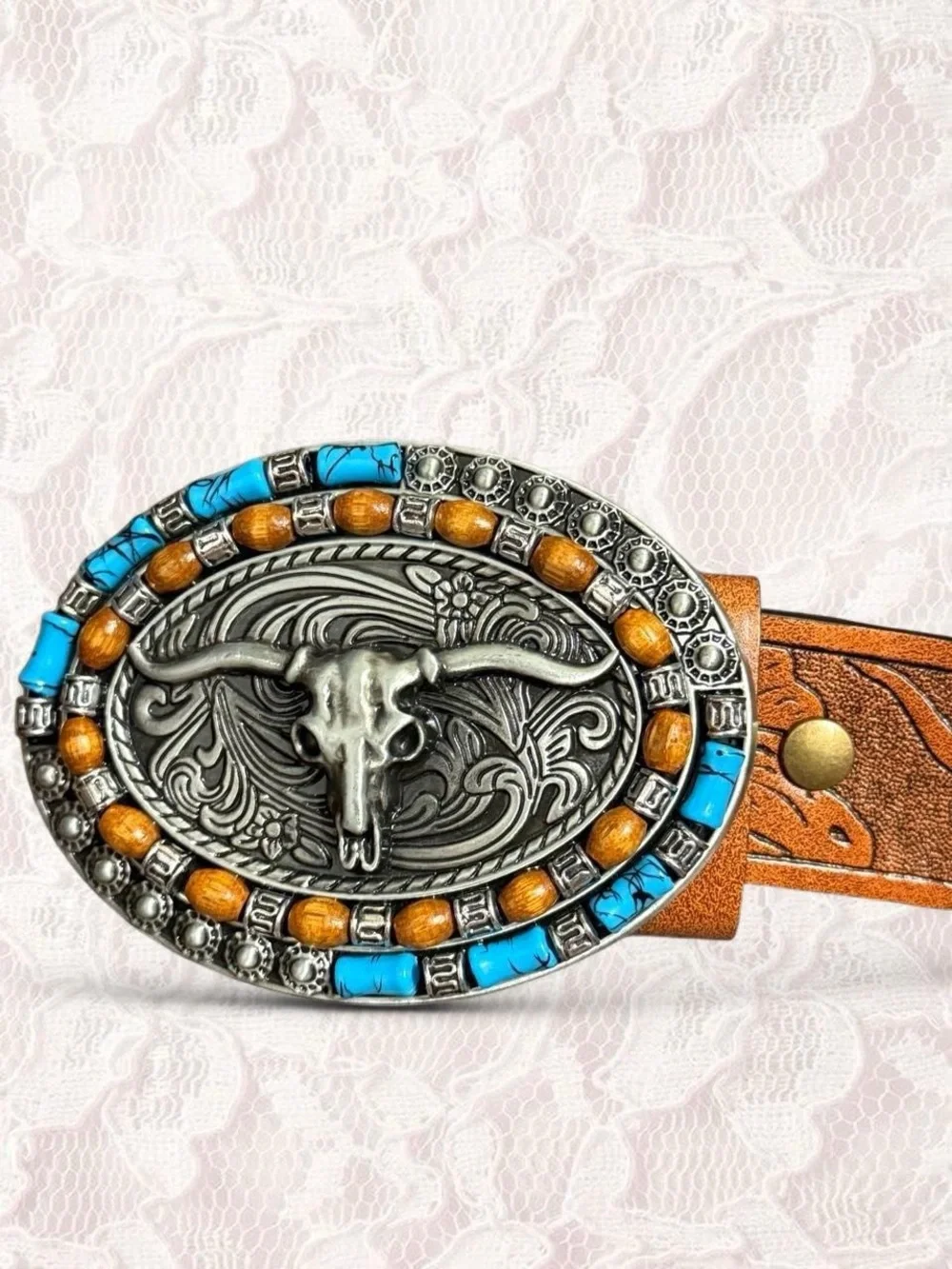 Western Turquoise Tooled Leather Belt with Statement Buckle